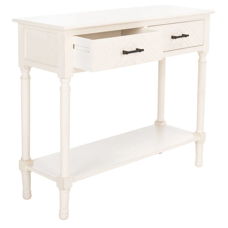Console 2 tiroirs avec étagère ouverte, finition vieillie blanc / noir / greige / marron