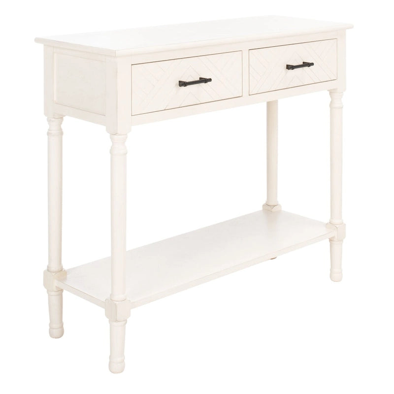 Console 2 tiroirs avec étagère ouverte, finition vieillie blanc / noir / greige / marron