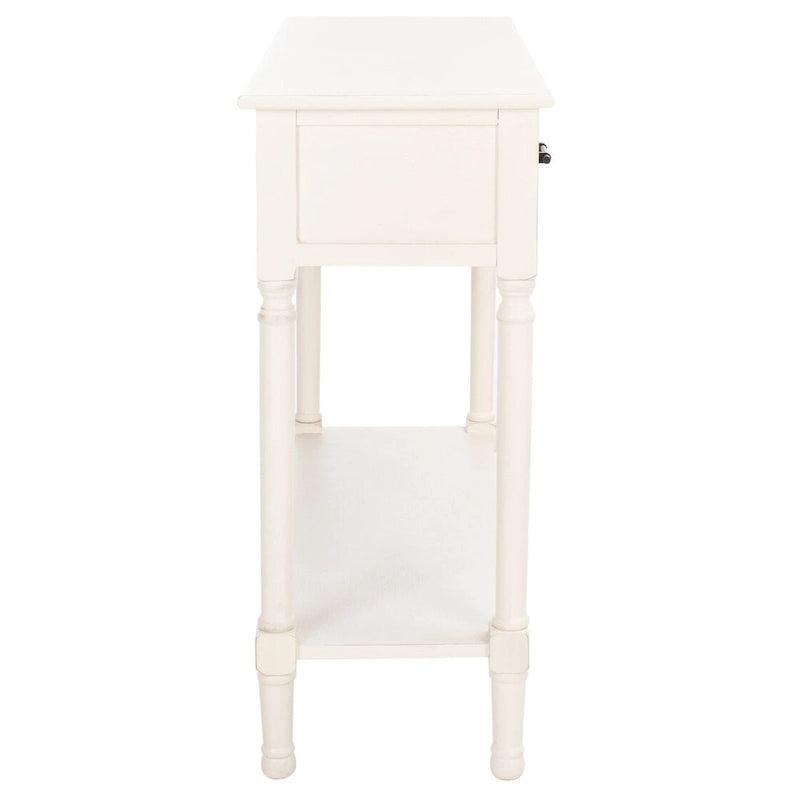 Console 2 tiroirs avec étagère ouverte, finition vieillie blanc / noir / greige / marron