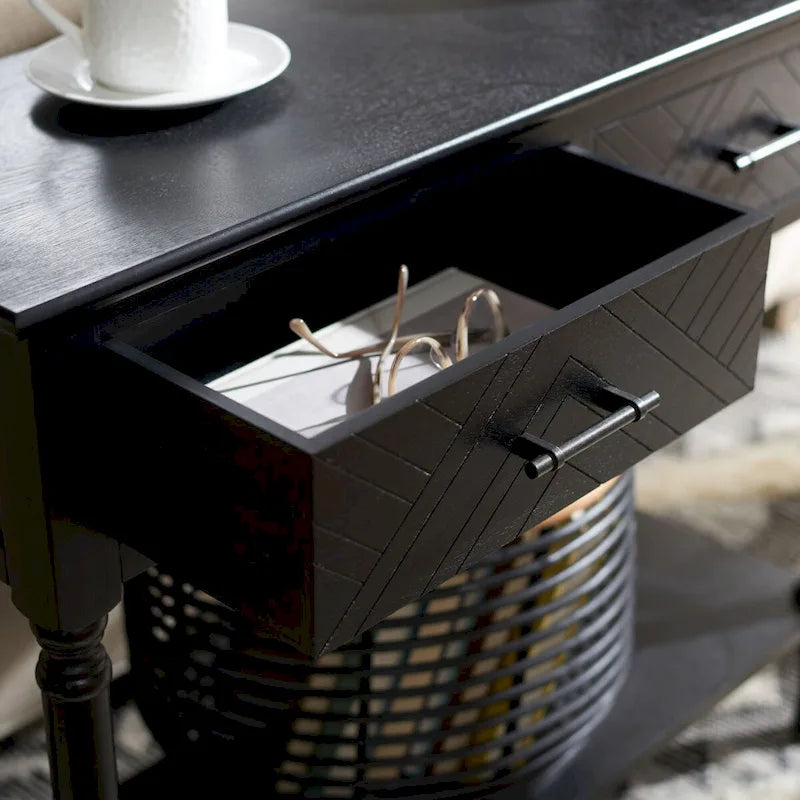 Console 2 tiroirs avec étagère ouverte, finition vieillie blanc / noir / greige / marron