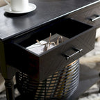Console 2 tiroirs avec étagère ouverte, finition vieillie blanc / noir / greige / marron