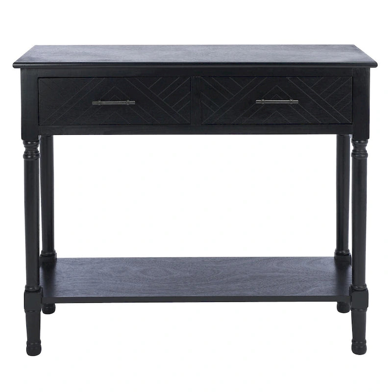 Console 2 tiroirs avec étagère ouverte, finition vieillie blanc / noir / greige / marron