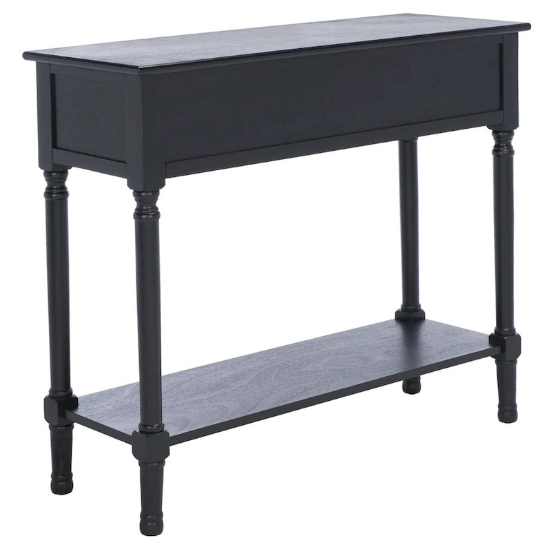 Console 2 tiroirs avec étagère ouverte, finition vieillie blanc / noir / greige / marron