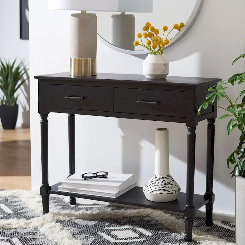 Console 2 tiroirs avec étagère ouverte, finition vieillie blanc / noir / greige / marron