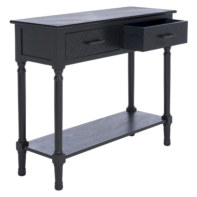 Console 2 tiroirs avec étagère ouverte, finition vieillie blanc / noir / greige / marron