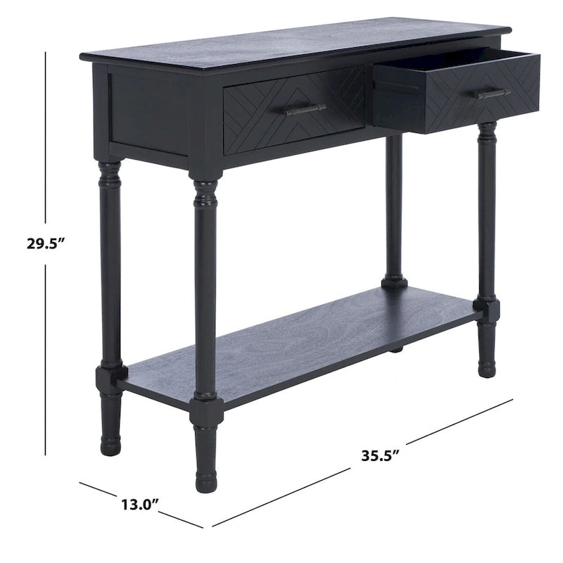 Console 2 tiroirs avec étagère ouverte, finition vieillie blanc / noir / greige / marron