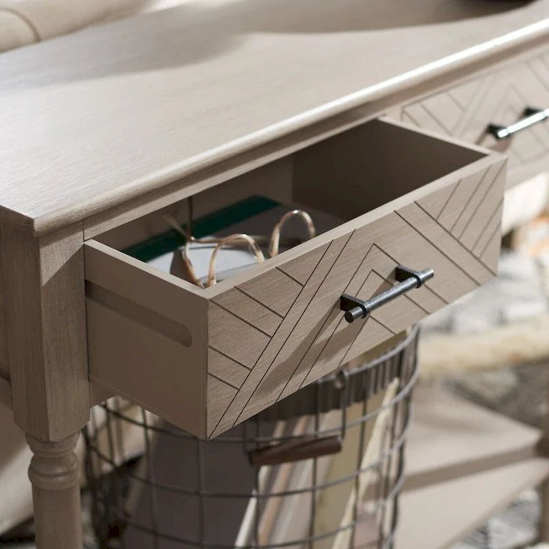 Console 2 tiroirs avec étagère ouverte, finition vieillie blanc / noir / greige / marron