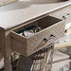 Console 2 tiroirs avec étagère ouverte, finition vieillie blanc / noir / greige / marron