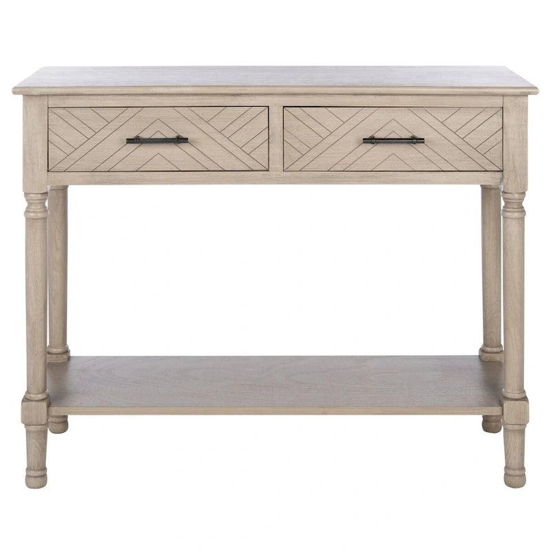 Console 2 tiroirs avec étagère ouverte, finition vieillie blanc / noir / greige / marron