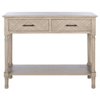 Console 2 tiroirs avec étagère ouverte, finition vieillie blanc / noir / greige / marron