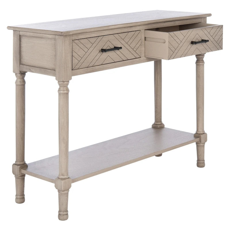 Console 2 tiroirs avec étagère ouverte, finition vieillie blanc / noir / greige / marron