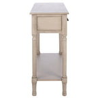 Console 2 tiroirs avec étagère ouverte, finition vieillie blanc / noir / greige / marron