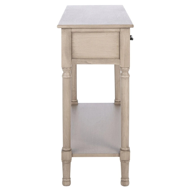 Console 2 tiroirs avec étagère ouverte, finition vieillie blanc / noir / greige / marron