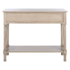 Console 2 tiroirs avec étagère ouverte, finition vieillie blanc / noir / greige / marron