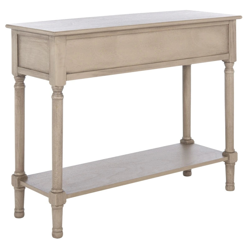 Console 2 tiroirs avec étagère ouverte, finition vieillie blanc / noir / greige / marron