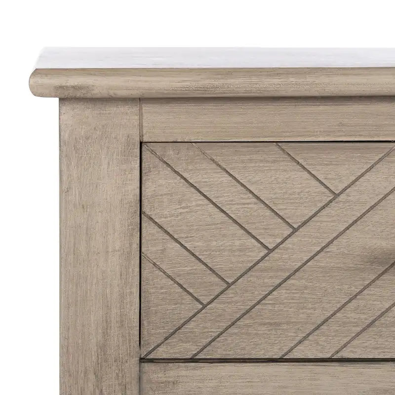 Console 2 tiroirs avec étagère ouverte, finition vieillie blanc / noir / greige / marron