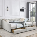 Lit de repos capitonné en tissu beige/gris de taille Queen avec 2 tiroirs de rangement, 2 personnes