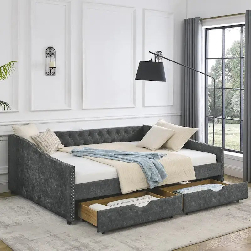 Lit de repos capitonné en tissu beige/gris de taille Queen avec 2 tiroirs de rangement, 2 personnes