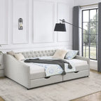 Lit de repos capitonné en tissu beige/gris de taille Queen avec 2 tiroirs de rangement, 2 personnes