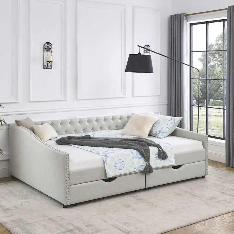 Lit de repos capitonné en tissu beige/gris de taille Queen avec 2 tiroirs de rangement, 2 personnes