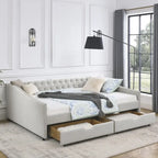 Lit de repos capitonné en tissu beige/gris de taille Queen avec 2 tiroirs de rangement, 2 personnes