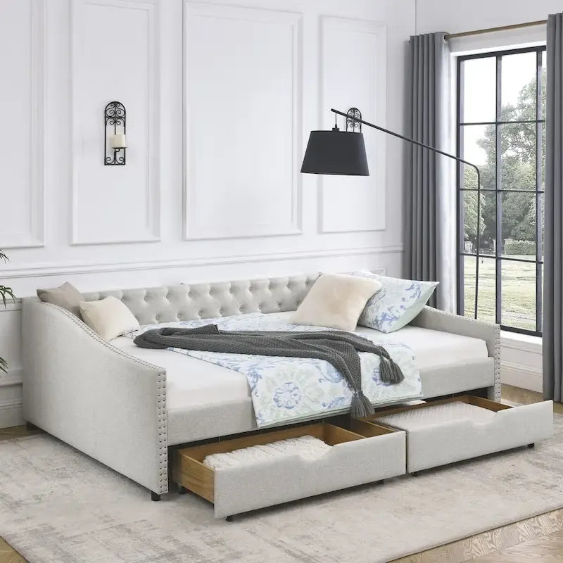 Lit de repos capitonné en tissu beige/gris de taille Queen avec 2 tiroirs de rangement, 2 personnes