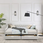 Lit de repos capitonné en tissu beige/gris de taille Queen avec 2 tiroirs de rangement, 2 personnes
