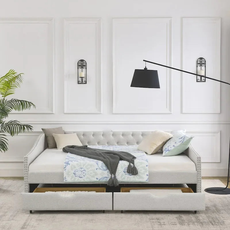 Lit de repos capitonné en tissu beige/gris de taille Queen avec 2 tiroirs de rangement, 2 personnes