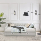 Lit de repos capitonné en tissu beige/gris de taille Queen avec 2 tiroirs de rangement, 2 personnes