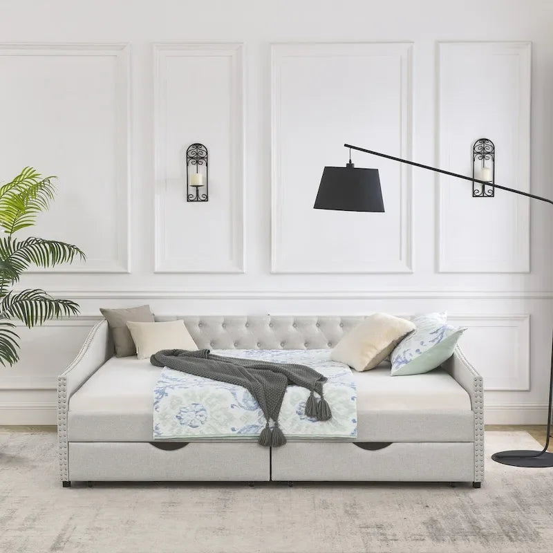 Lit de repos capitonné en tissu beige/gris de taille Queen avec 2 tiroirs de rangement, 2 personnes