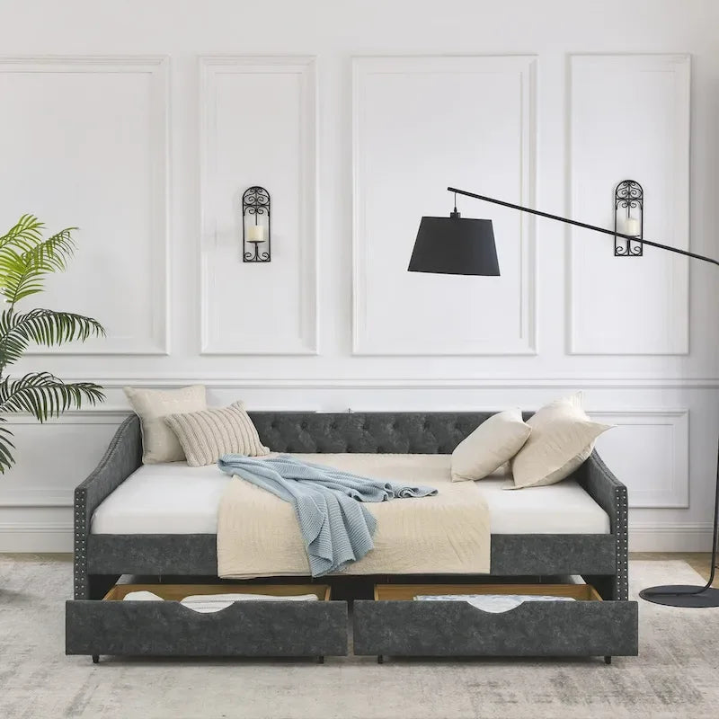 Lit de repos capitonné en tissu beige/gris de taille Queen avec 2 tiroirs de rangement, 2 personnes