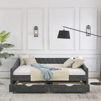 Lit de repos capitonné en tissu beige/gris de taille Queen avec 2 tiroirs de rangement, 2 personnes