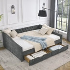 Lit de repos capitonné en tissu beige/gris de taille Queen avec 2 tiroirs de rangement, 2 personnes