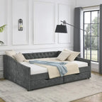 Lit de repos capitonné en tissu beige/gris de taille Queen avec 2 tiroirs de rangement, 2 personnes