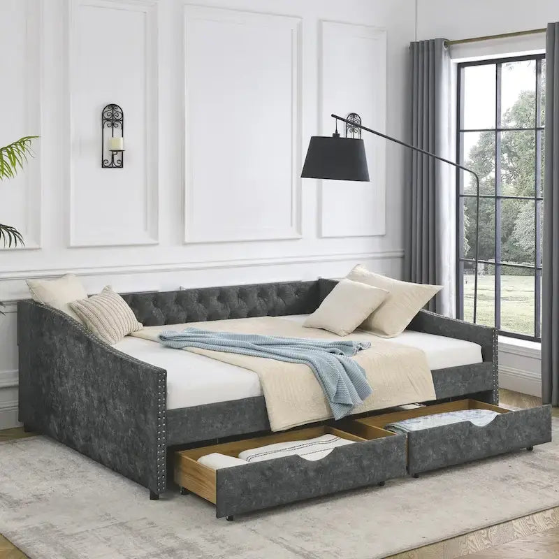Lit de repos capitonné en tissu beige/gris de taille Queen avec 2 tiroirs de rangement, 2 personnes