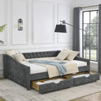 Lit de repos capitonné en tissu beige/gris de taille Queen avec 2 tiroirs de rangement, 2 personnes