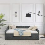 Lit de repos capitonné en tissu beige/gris de taille Queen avec 2 tiroirs de rangement, 2 personnes