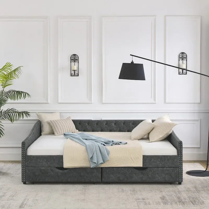 Lit de repos capitonné en tissu beige/gris de taille Queen avec 2 tiroirs de rangement, 2 personnes