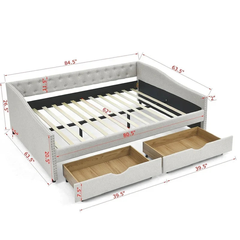Lit de repos capitonné en tissu beige/gris de taille Queen avec 2 tiroirs de rangement, 2 personnes