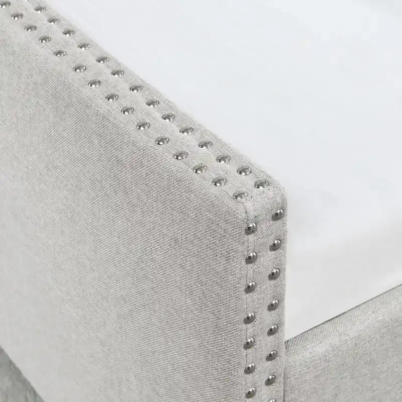 Lit de repos capitonné en tissu beige/gris de taille Queen avec 2 tiroirs de rangement, 2 personnes