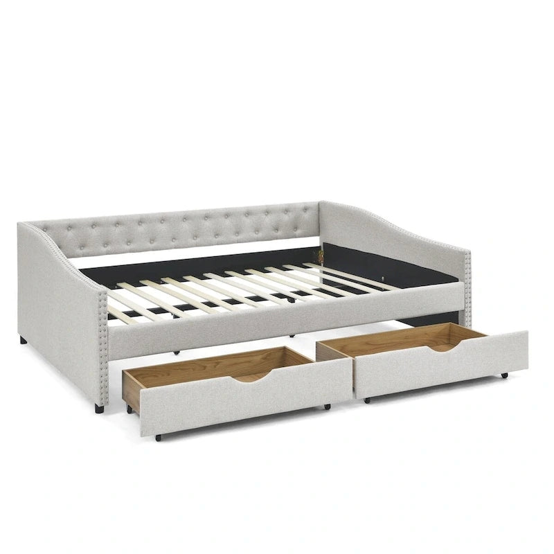 Lit de repos capitonné en tissu beige/gris de taille Queen avec 2 tiroirs de rangement, 2 personnes