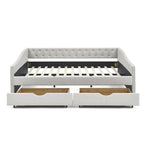 Lit de repos capitonné en tissu beige/gris de taille Queen avec 2 tiroirs de rangement, 2 personnes