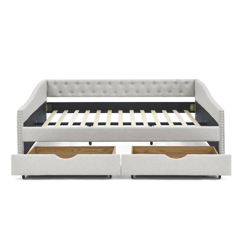 Lit de repos capitonné en tissu beige/gris de taille Queen avec 2 tiroirs de rangement, 2 personnes