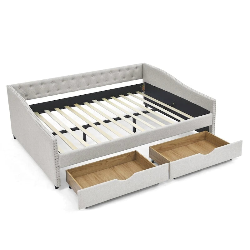 Lit de repos capitonné en tissu beige/gris de taille Queen avec 2 tiroirs de rangement, 2 personnes