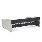 Lit de repos capitonné en tissu beige/gris de taille Queen avec 2 tiroirs de rangement, 2 personnes
