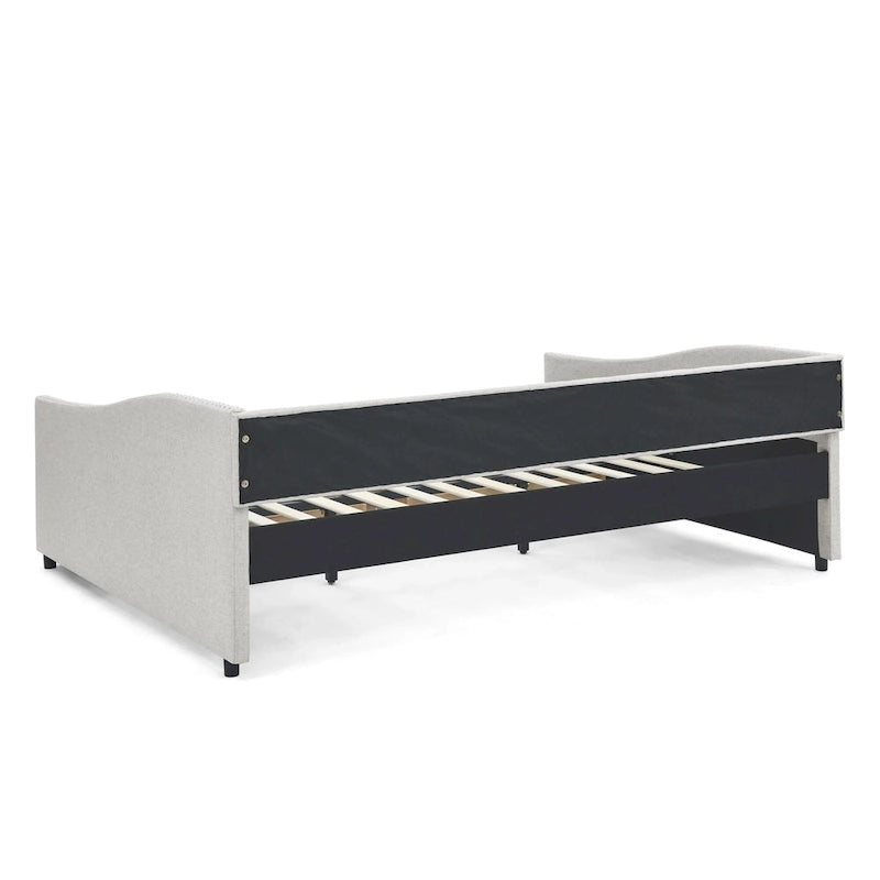 Lit de repos capitonné en tissu beige/gris de taille Queen avec 2 tiroirs de rangement, 2 personnes