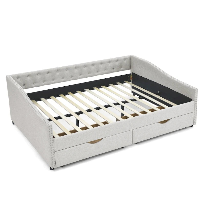 Lit de repos capitonné en tissu beige/gris de taille Queen avec 2 tiroirs de rangement, 2 personnes