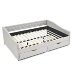 Lit de repos capitonné en tissu beige/gris de taille Queen avec 2 tiroirs de rangement, 2 personnes