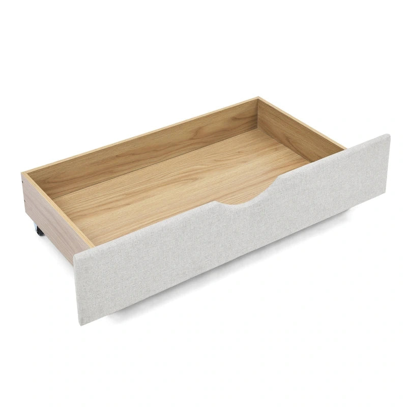 Lit de repos capitonné en tissu beige/gris de taille Queen avec 2 tiroirs de rangement, 2 personnes