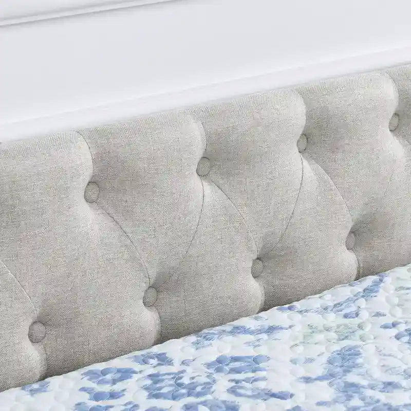 Lit de repos capitonné en tissu beige/gris de taille Queen avec 2 tiroirs de rangement, 2 personnes